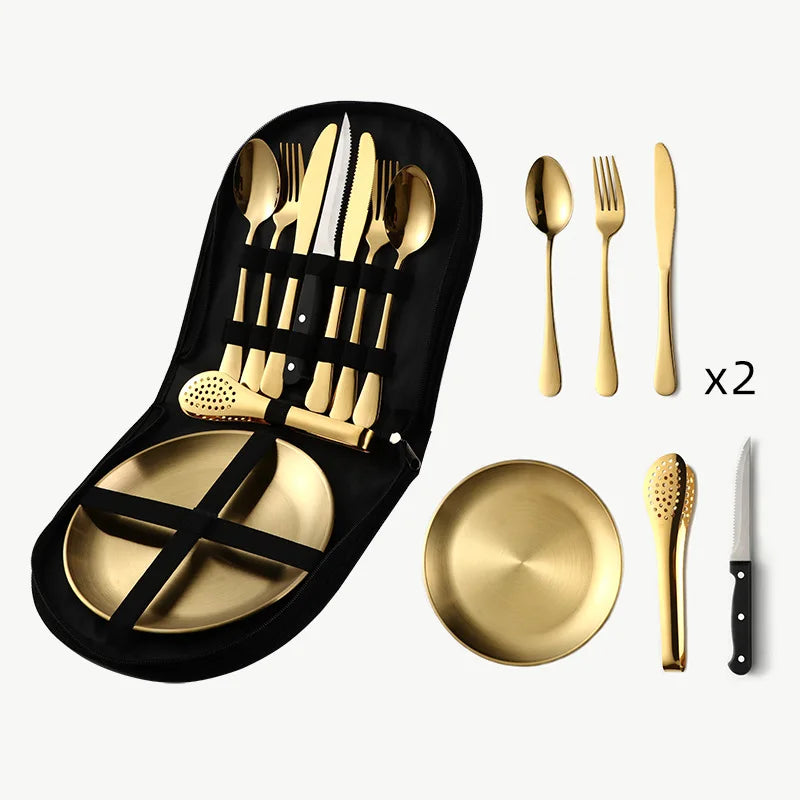 9/10Pcs Camping Tableware Set 304 Stainless Steel Picnic Cutlery Set With Tableware Storage Bag Portable Picnic Set