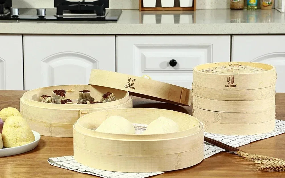 Handmade Bamboo Steamer 3 Tier & Lid Premium Bamboo Steamer Basket 100% Natural Bamboo Rolls Chicken Fish and 10 Inch Meat