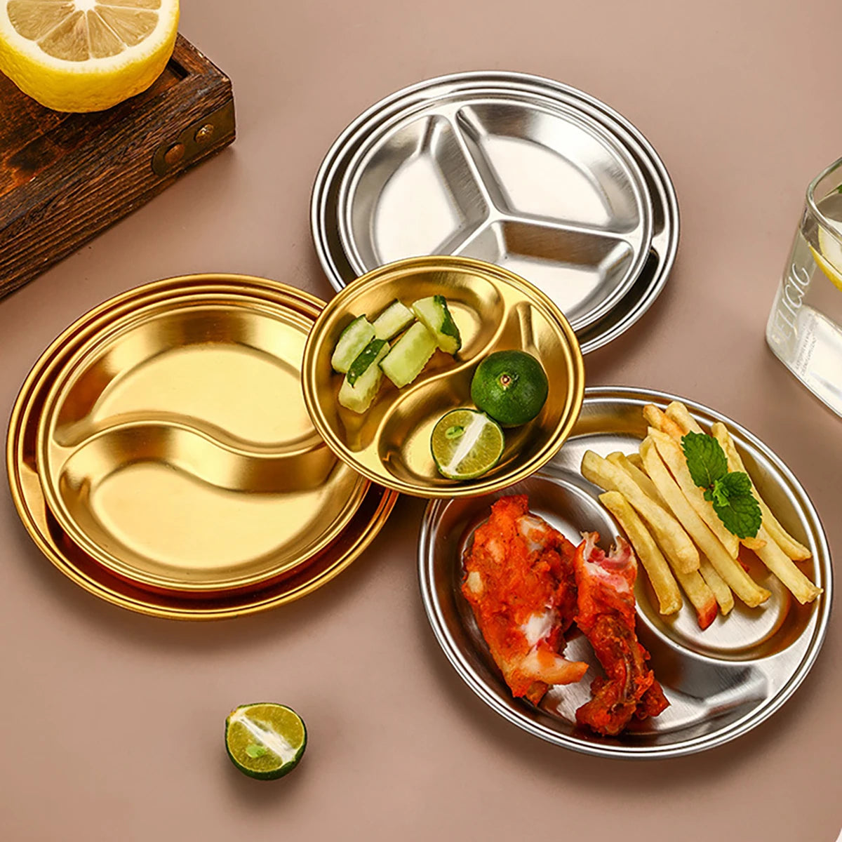 2pcs/set Korean Style Barbecue Dipping Dish Creative Stainless Steel Circular Grid Plate Thickened Golden Sauce Dish Snack Plate