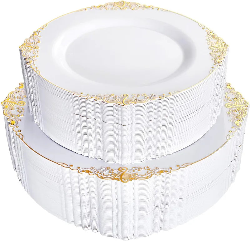 50pc Plate with Gold Beads Rim Plastic Decorative Dinner Serving Dessert plate Wedding Xmas Party Dining plates Decor