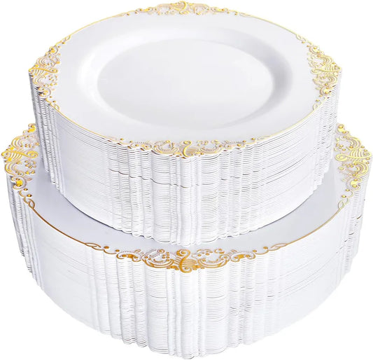 50pc Plate with Gold Beads Rim Plastic Decorative Dinner Serving Dessert plate Wedding Xmas Party Dining plates Decor