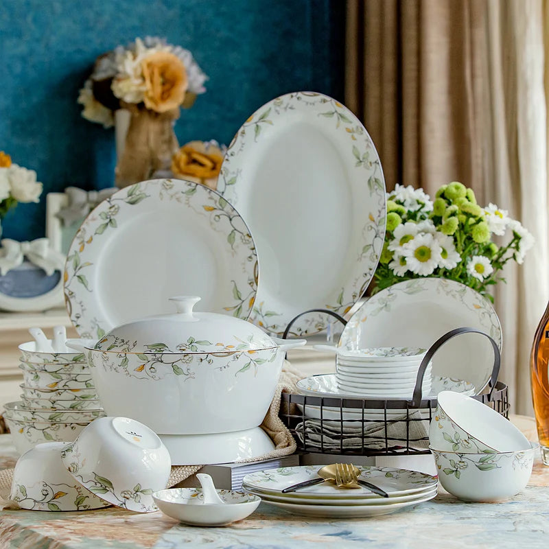 46-piece set, royal floral painting, fine bone china unit of dinner, porcelain dinner plate set, crockery set of dish, bowl set