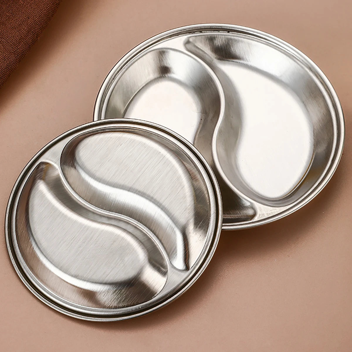 2pcs/set Korean Style Barbecue Dipping Dish Creative Stainless Steel Circular Grid Plate Thickened Golden Sauce Dish Snack Plate