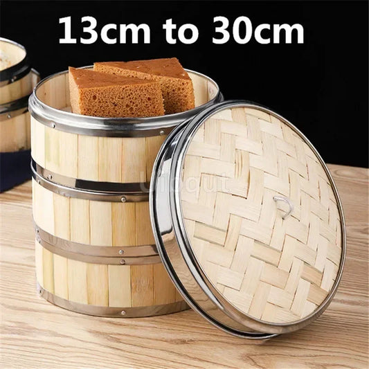 Bamboo Food Steamer basket with Stainless Steel Banding No Lid Bun Steaming Basket Dumplings DimSum Cage Cooker Kitchen Gadget