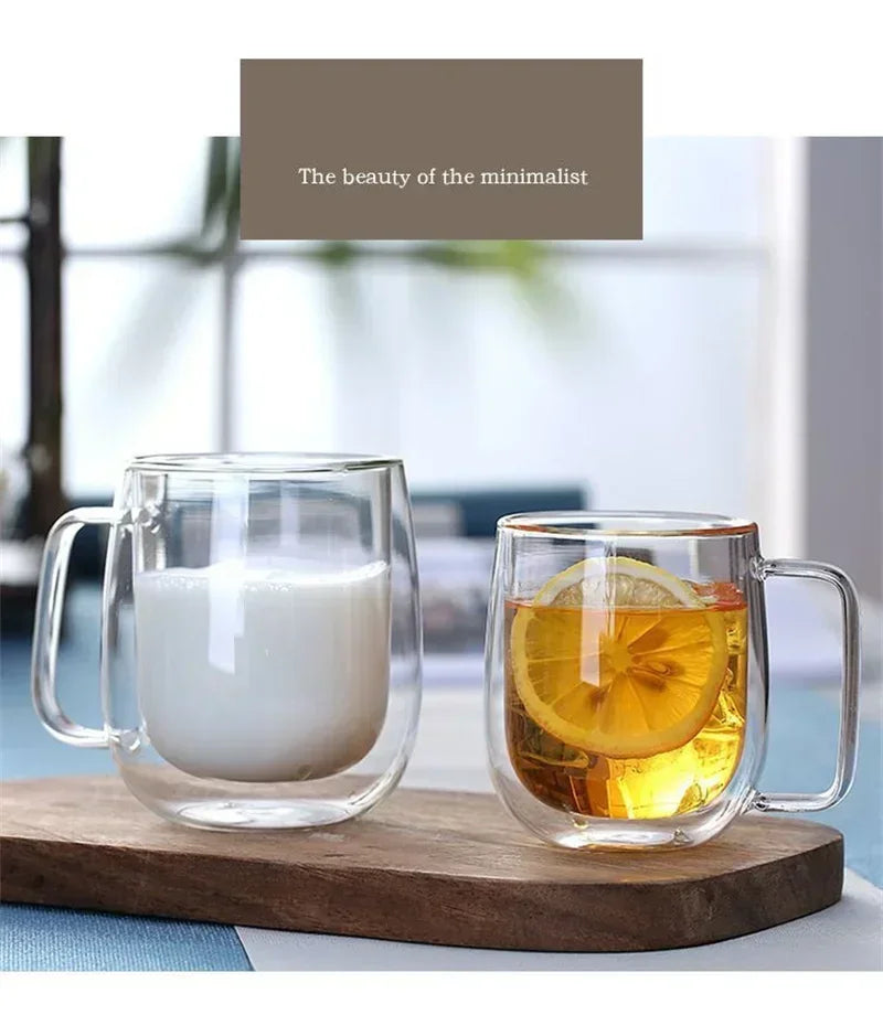 150/250/350ml Heat Resistant Glass Cups Double Wall Glass Coffee Cup with Handle Breakfast Milk Water Cup Clear Juice beer Cups