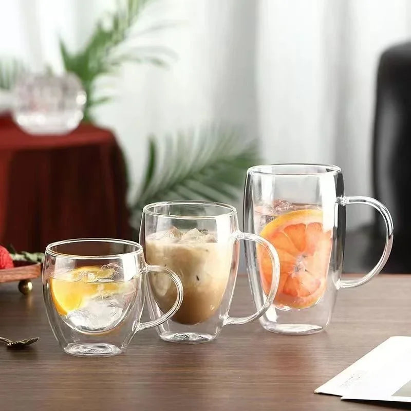 150/250/350ml Heat Resistant Glass Cups Double Wall Glass Coffee Cup with Handle Breakfast Milk Water Cup Clear Juice beer Cups