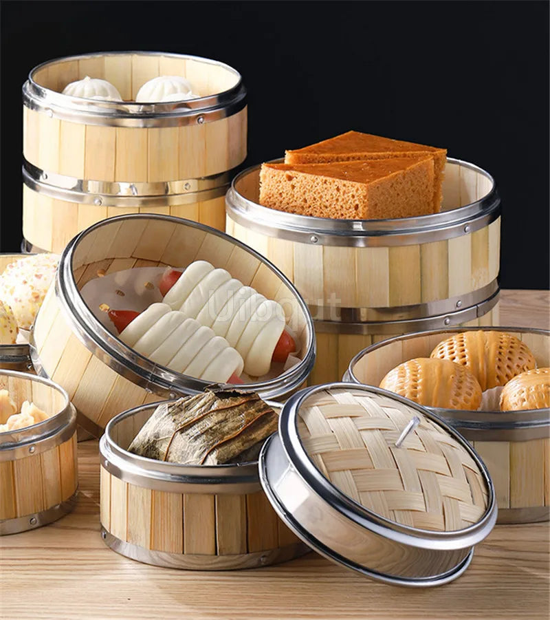 Bamboo Food Steamer basket with Stainless Steel Banding No Lid Bun Steaming Basket Dumplings DimSum Cage Cooker Kitchen Gadget