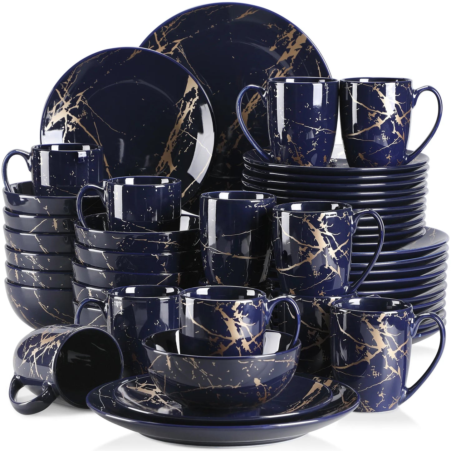 LOVECASA 16/32/48 Piece black blue Procelain Dinnerware Set Design By Gold Splash with Dinner Plate,Cake plate,Bowls,Coffee Cups