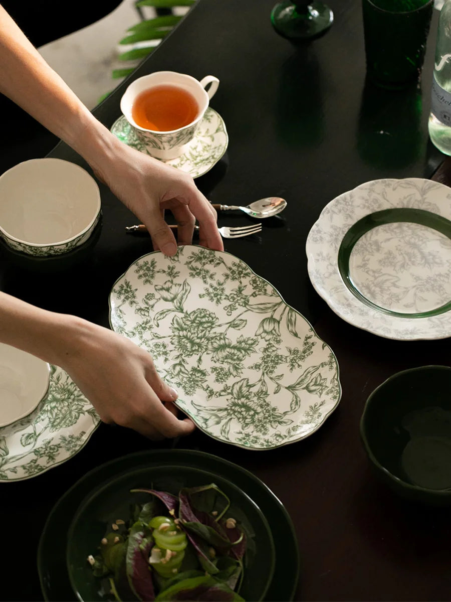 French Style Retro Green Ceramic Tableware Set Rainforest Series Dessert Plate Bowl Fish Dishes Home Cafe Afternoon Tea Mug Dish