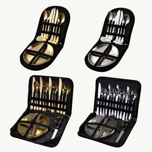 9/10Pcs Camping Tableware Set 304 Stainless Steel Picnic Cutlery Set With Tableware Storage Bag Portable Picnic Set