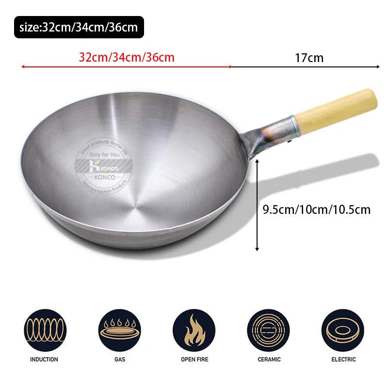 32/34/36cm Iron Wok Chinese Traditional Handmade Large Wok Household Cooking Pot