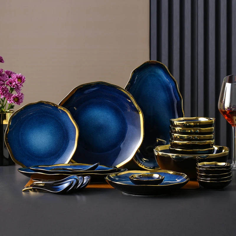 Creative Irregular Ceramic Plate Bowl Nordic Blue Glaze Irregular Golden Edge Steak Plate Main Dish Plate Household Tableware