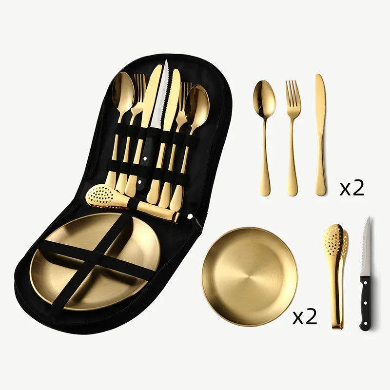 9/10Pcs Camping Tableware Set 304 Stainless Steel Picnic Cutlery Set With Tableware Storage Bag Portable Picnic Set