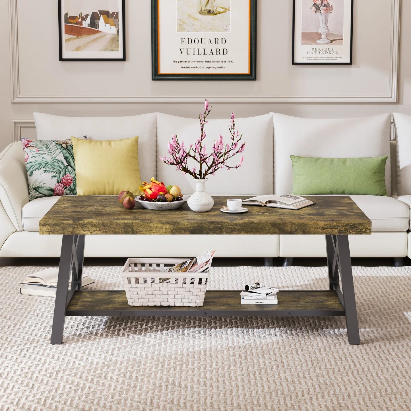 For Living Room,Farmhouse Coffee Table Living Room Small Tables 45" Modern 2-Tier Coffee Tables Coffee Table with Storage