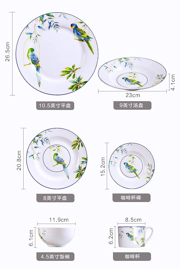 Parrot bone china tableware set, American Western dishes, household dishes, soup plates, coffee cups, European and American past