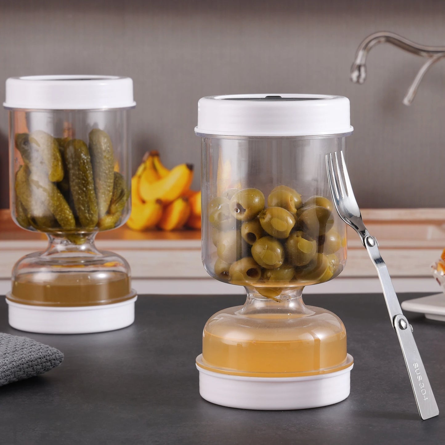 Olive and Pickle Strainer Jar, New Olive Container Hourglass Jar with Strainer Flip Pickle Container for Airtight Food Storage