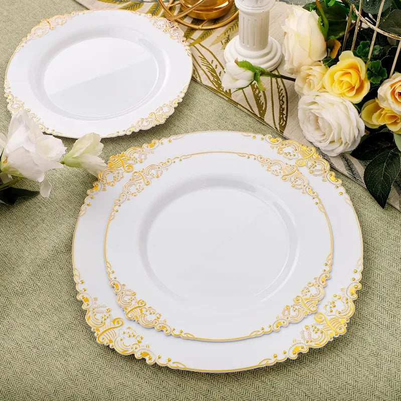 50pc Plate with Gold Beads Rim Plastic Decorative Dinner Serving Dessert plate Wedding Xmas Party Dining plates Decor