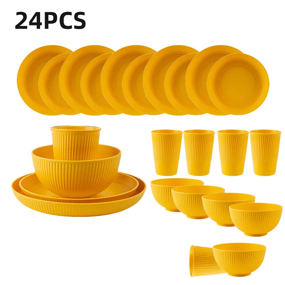 24Pcs/Set Black Unbreakable Dinner Plates Cup Wheat Straw Dinnerware Sets Microwave Dishwasher Safe Reusable Tableware Set