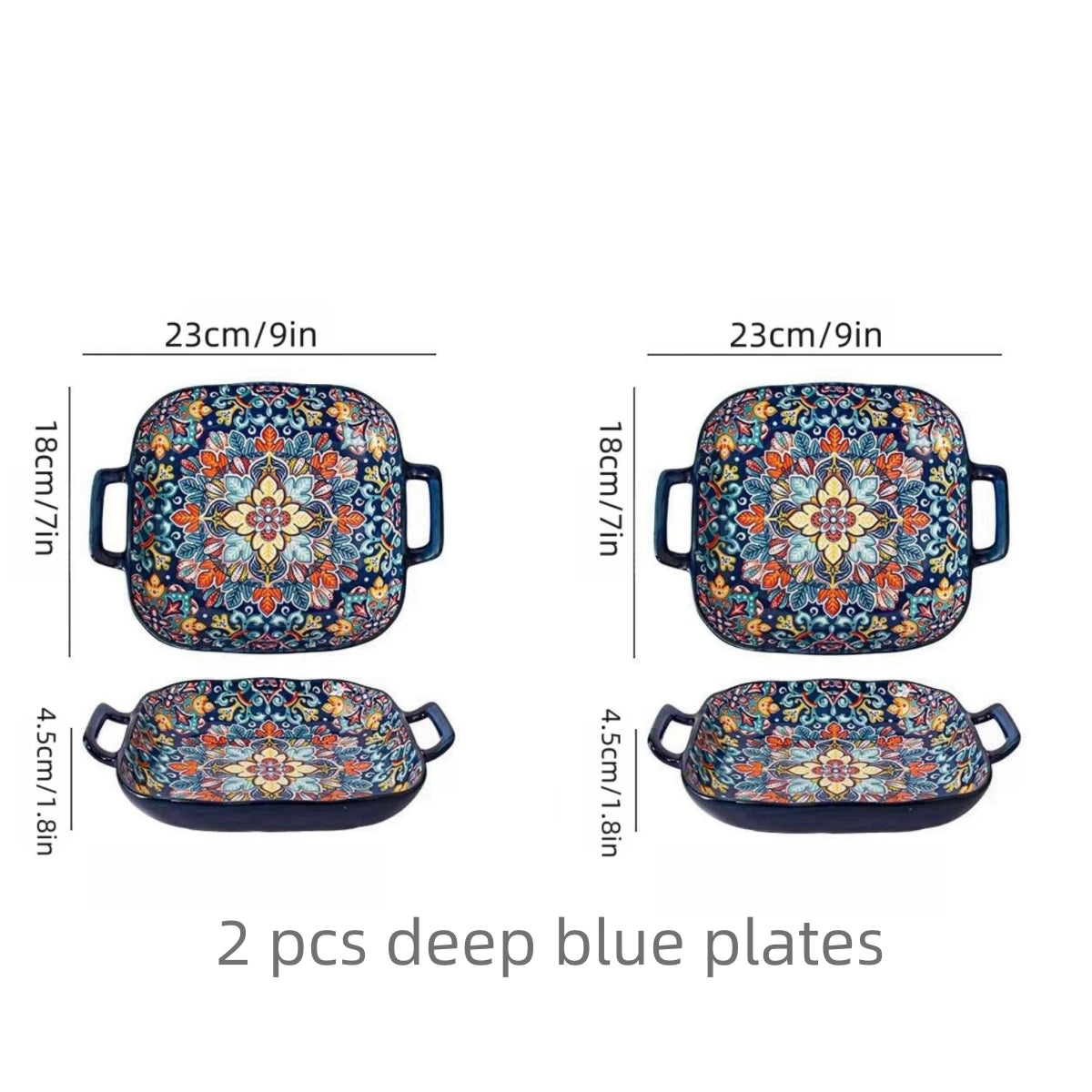 Hand-painted bohemian ceramic baking dish Square with handles For pasta and desserts Suitable for oven and microwave.