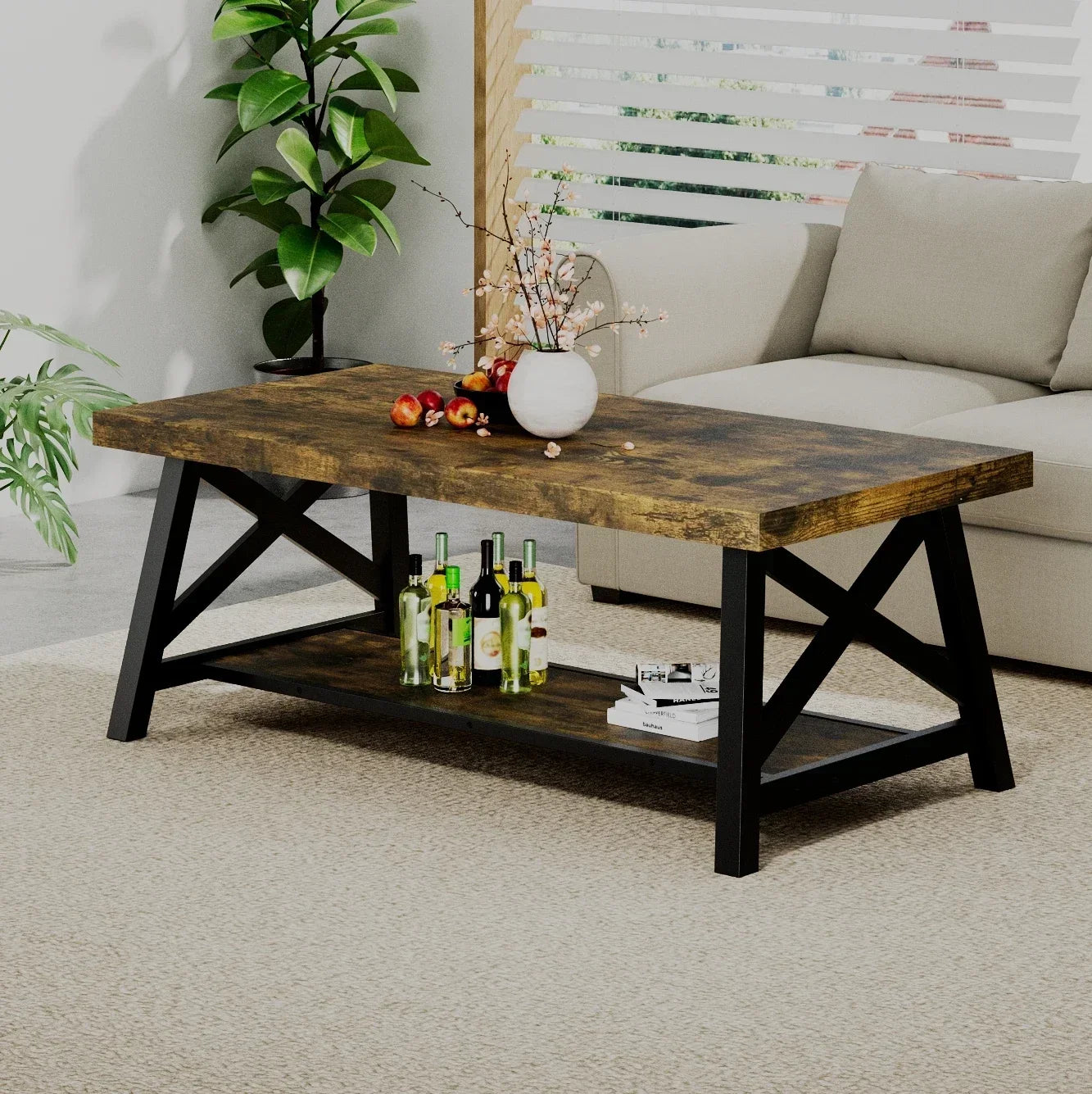 For Living Room,Farmhouse Coffee Table Living Room Small Tables 45" Modern 2-Tier Coffee Tables Coffee Table with Storage