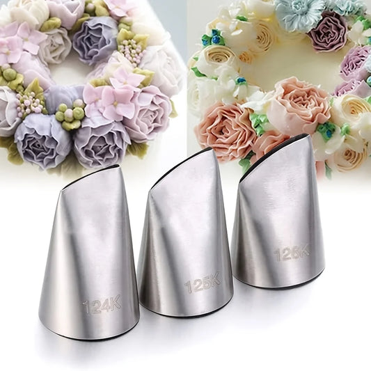 3pcs Piping Nozzles Set,Stainless Steel Rose Icing Cream Cake Piping Tips For Dessert Biscuit Cup Cake, 126k-125k-124K