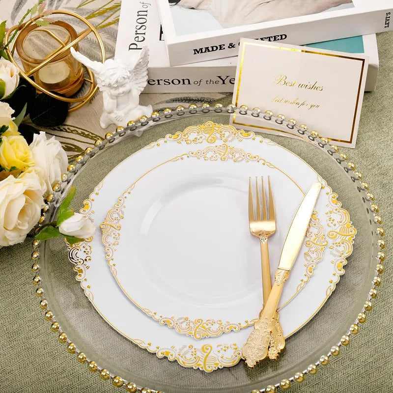 50pc Plate with Gold Beads Rim Plastic Decorative Dinner Serving Dessert plate Wedding Xmas Party Dining plates Decor