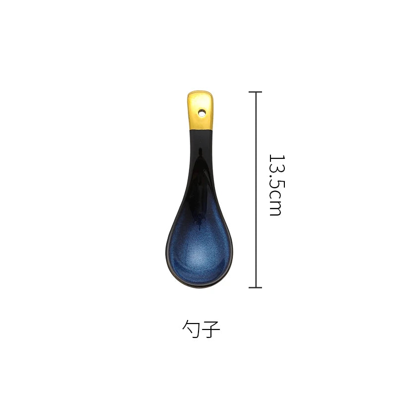 Creative Irregular Ceramic Plate Bowl Nordic Blue Glaze Irregular Golden Edge Steak Plate Main Dish Plate Household Tableware