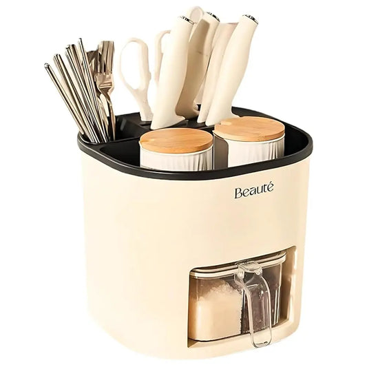 Cream Rotating Kitchen Utensil Holder – Multi-Purpose Countertop Organizer for Seasonings, Spices & Cutlery