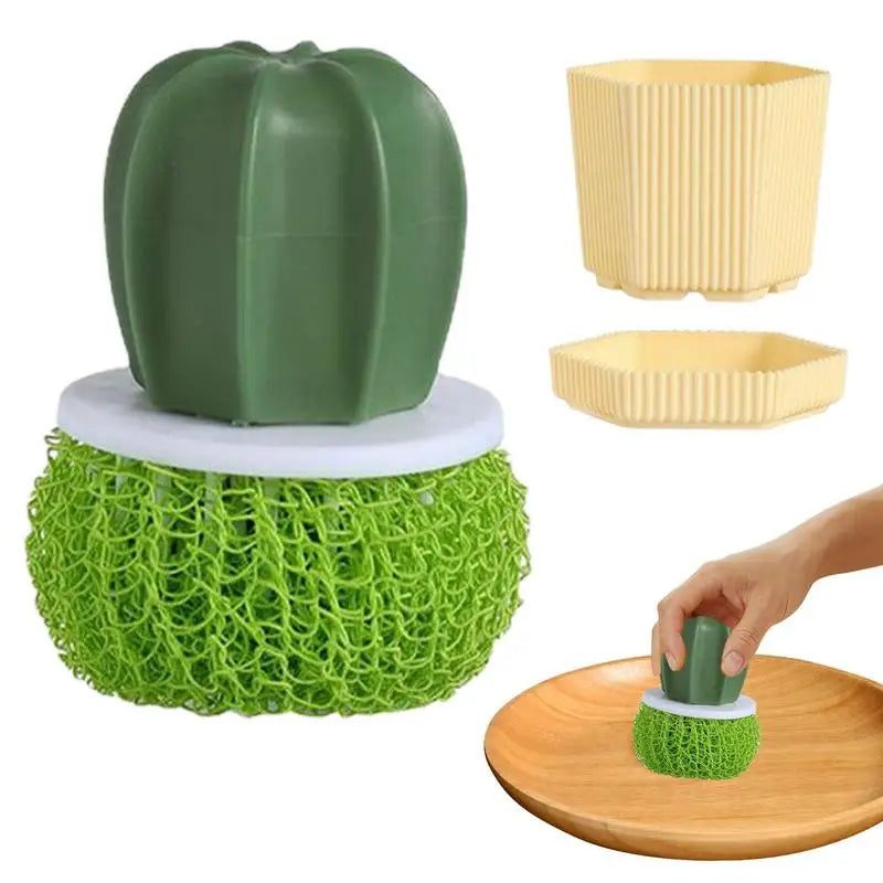 Dish washing scrubber with cactus design, green soft sponge pad for cleaning dishes and kitchen utensils.