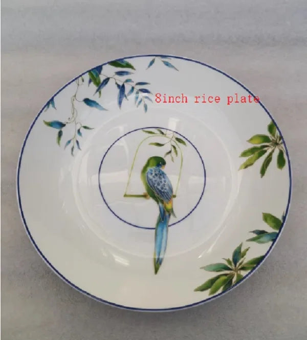 Parrot bone china tableware set, American Western dishes, household dishes, soup plates, coffee cups, European and American past