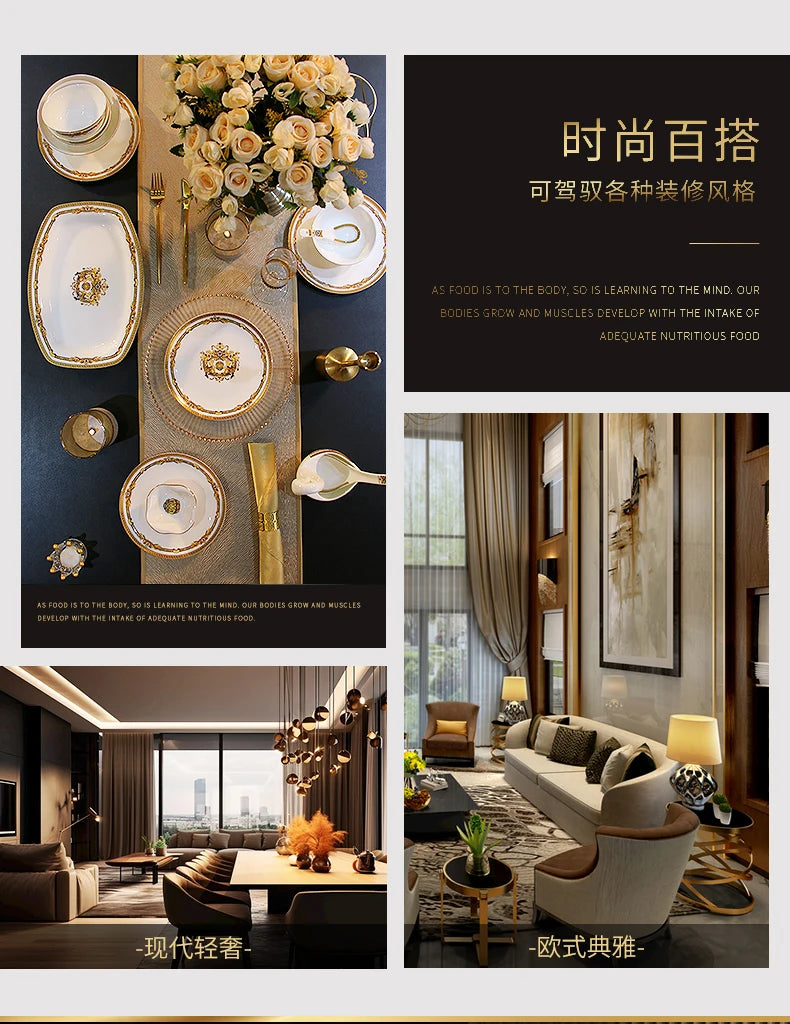 Gold Bone China Dinnerware Sets Ceramics Kitchen Gift Luxury Christmas Dinner Sets Wedding Party Vajillas Ceramica Dishes