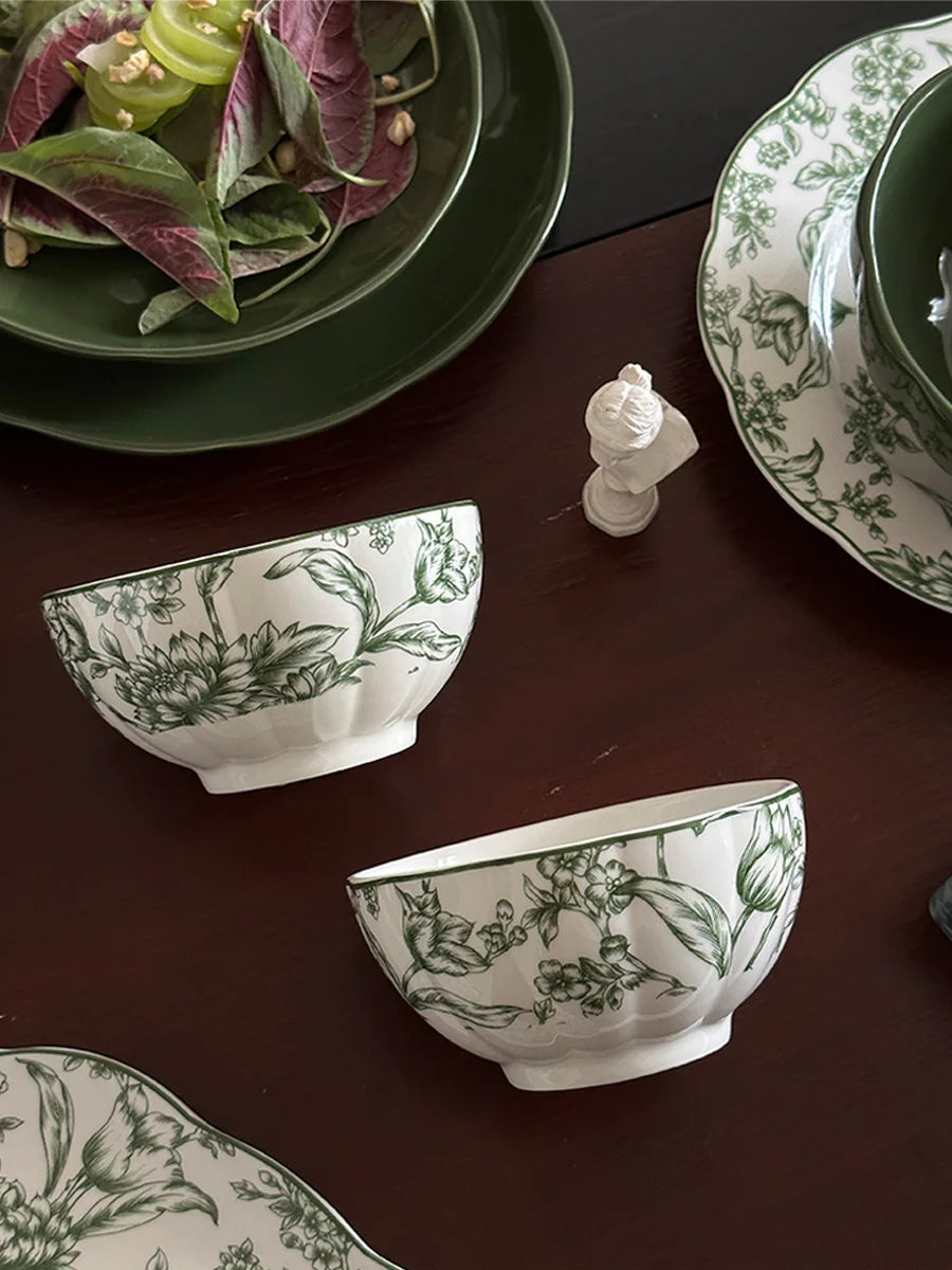 French Style Retro Green Ceramic Tableware Set Rainforest Series Dessert Plate Bowl Fish Dishes Home Cafe Afternoon Tea Mug Dish