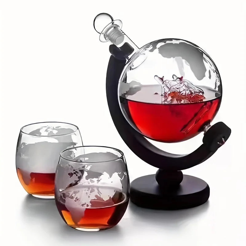 Creative Globe Decanter Set with Lead-free Carafe Exquisite Wood-stand and 2 Whisky Glasses Whiskey Decanter Globe Grade Gift