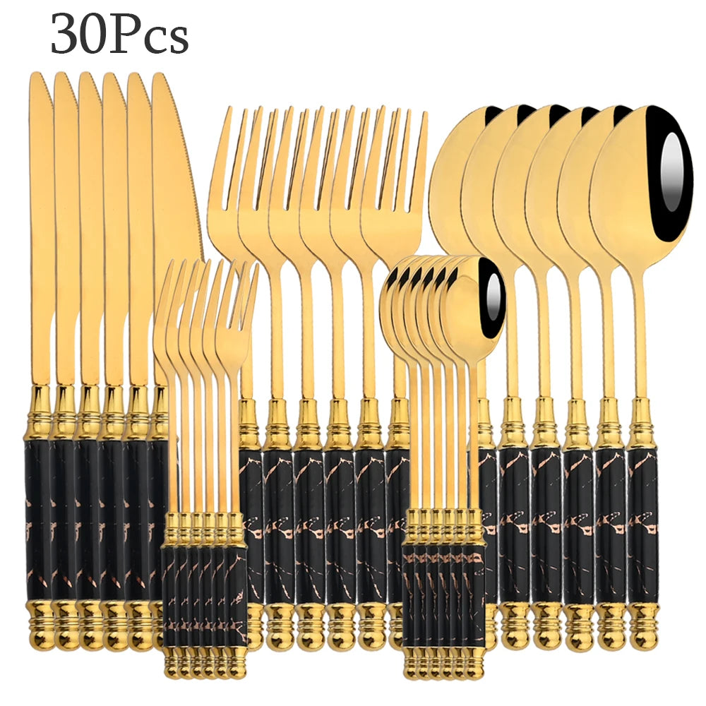 AJOYOUS 24/30Pcs Dinnerware Stainless Steel Ceramic Knife Cake Fork Tea Spoon Dinnerware Set Dinner Tableware Set Flatware