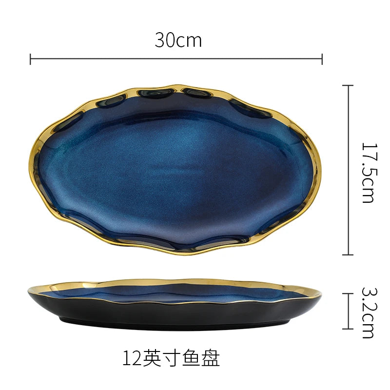 Creative Irregular Ceramic Plate Bowl Nordic Blue Glaze Irregular Golden Edge Steak Plate Main Dish Plate Household Tableware