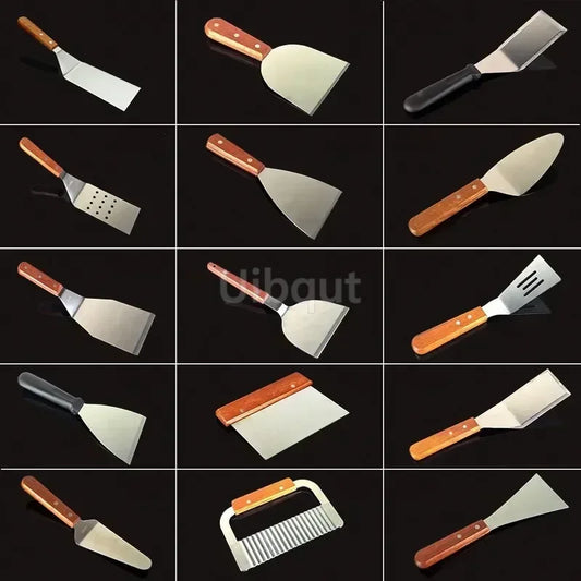Stainless Steel Steak Fried Shovel Spatula Pizza peel Grasping Cutter Spade Pastry BBQ Tools Wooden Rubber Handle Kitchen turner