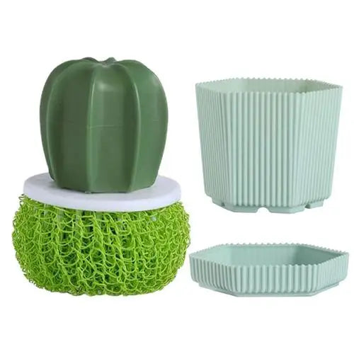 Dishwashing scrubber set with cactus design and detachable sponge, featuring different sizes of green containers.