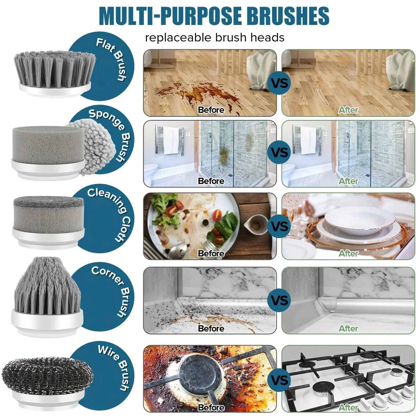 Multi-purpose cleaning brushes comparison showing before and after cleaning results with replaceable heads.