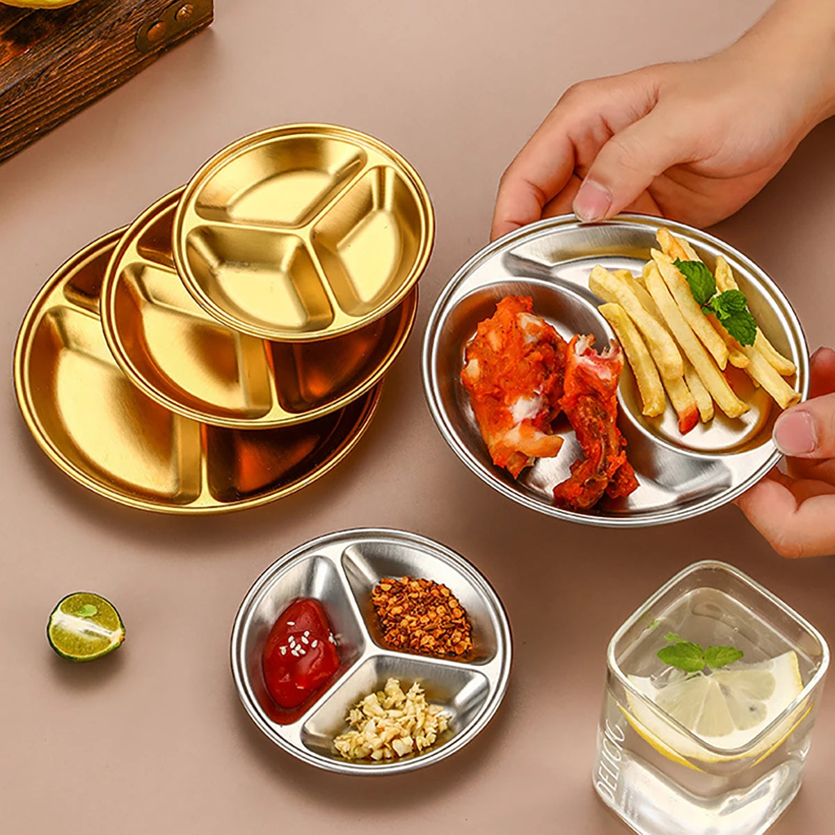 2pcs/set Korean Style Barbecue Dipping Dish Creative Stainless Steel Circular Grid Plate Thickened Golden Sauce Dish Snack Plate