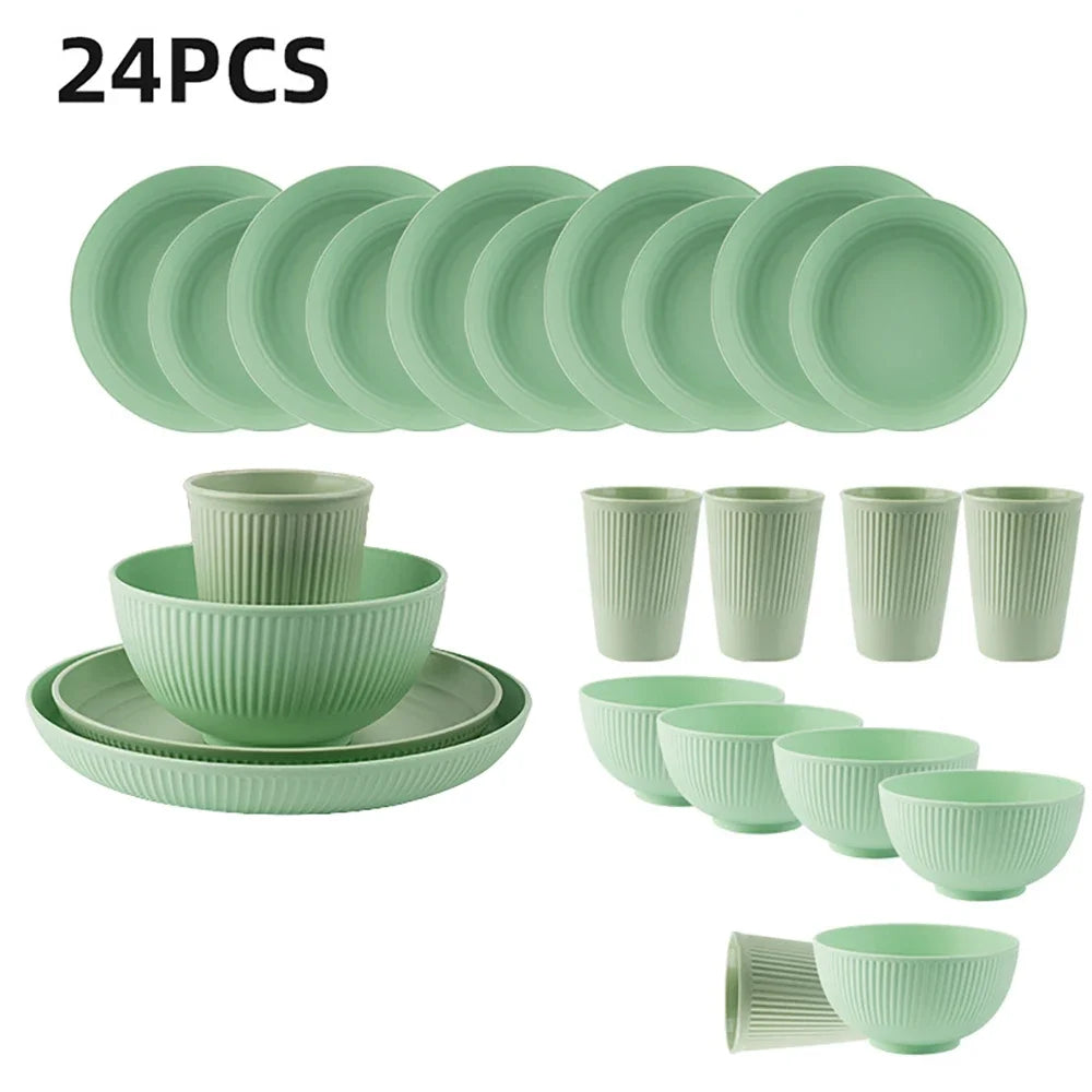 24Pcs/Set Black Unbreakable Dinner Plates Cup Wheat Straw Dinnerware Sets Microwave Dishwasher Safe Reusable Tableware Set