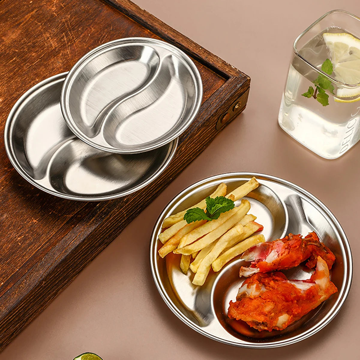 2pcs/set Korean Style Barbecue Dipping Dish Creative Stainless Steel Circular Grid Plate Thickened Golden Sauce Dish Snack Plate