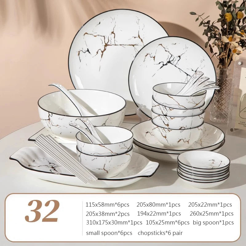 Black Border Ceramic Dishes and Plates Sets, Creative Marble Dinner Plate, Nordic Round Dessert Dishes, Household Tableware