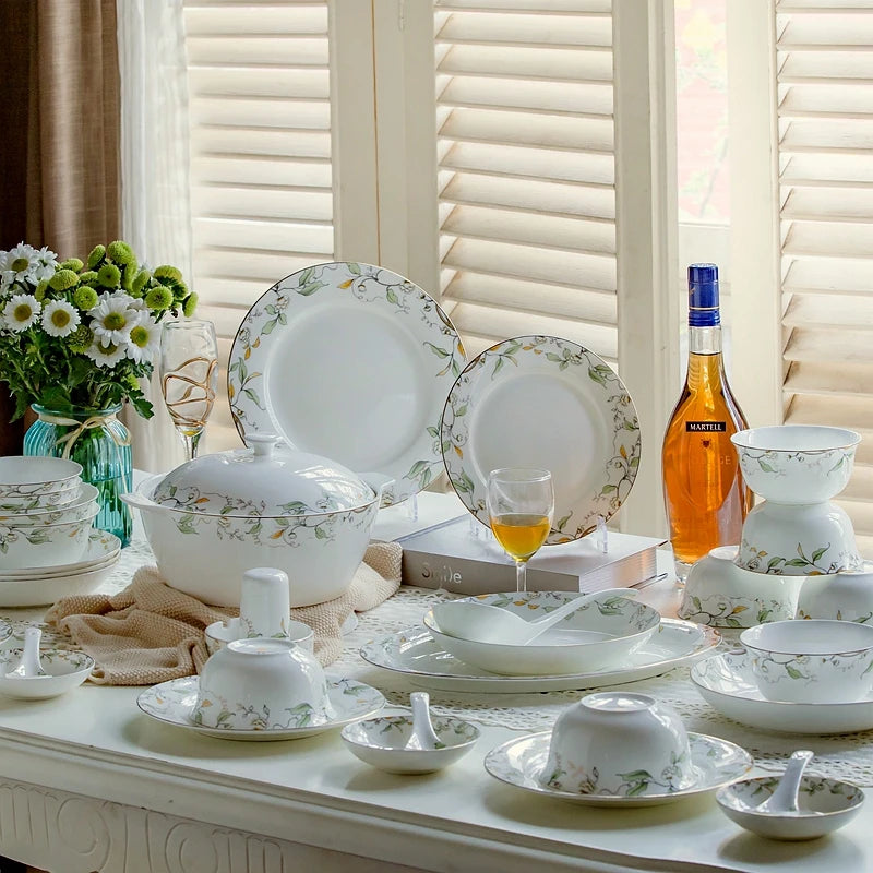 46-piece set, royal floral painting, fine bone china unit of dinner, porcelain dinner plate set, crockery set of dish, bowl set