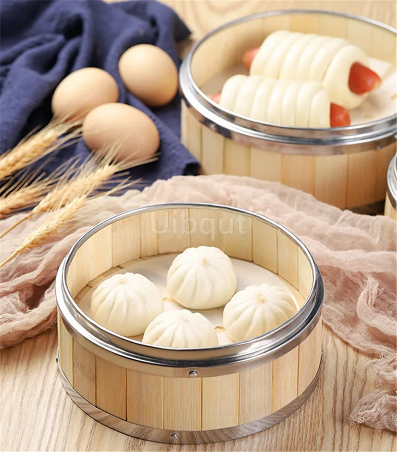 Bamboo Food Steamer basket with Stainless Steel Banding No Lid Bun Steaming Basket Dumplings DimSum Cage Cooker Kitchen Gadget