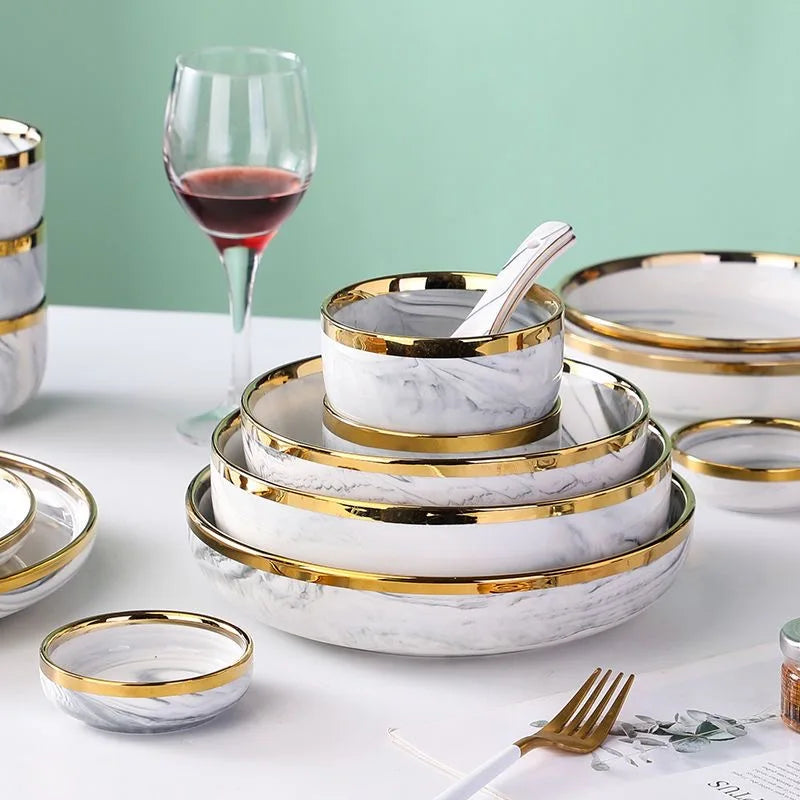 New Double-sided Gilt Rim Gray Marble Pattern Porcelain Dinner Tray Kitchen Plates Ceramic Food Dishes Rice Salad Noodles Bowl