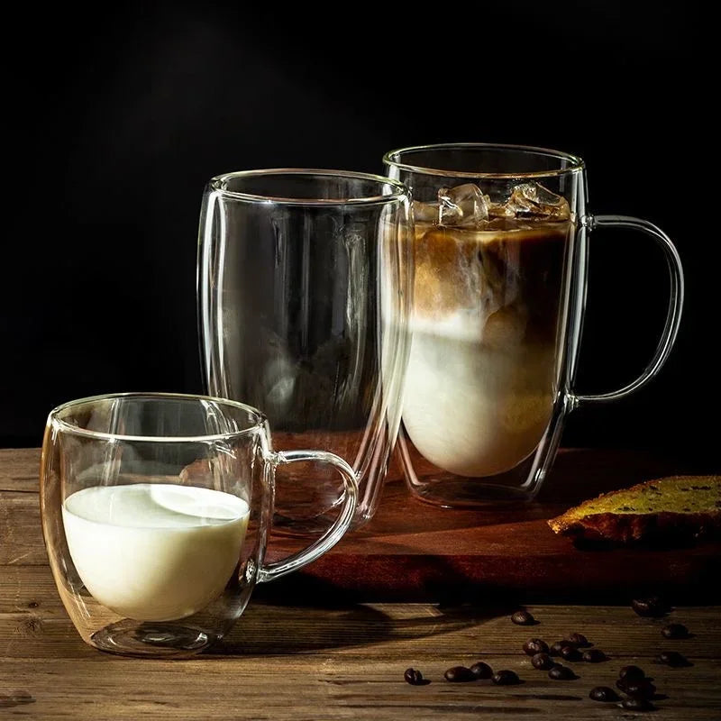 150/250/350ml Heat Resistant Glass Cups Double Wall Glass Coffee Cup with Handle Breakfast Milk Water Cup Clear Juice beer Cups