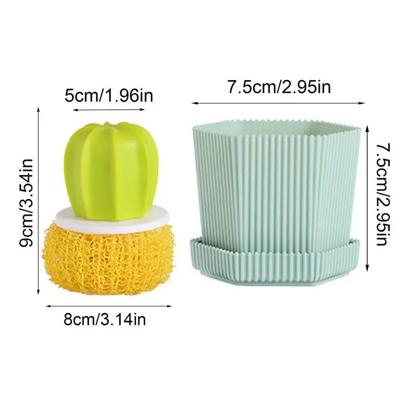 Detachable sponge cleaning ball with handle, cactus design, and matching pot for kitchen cleaning.