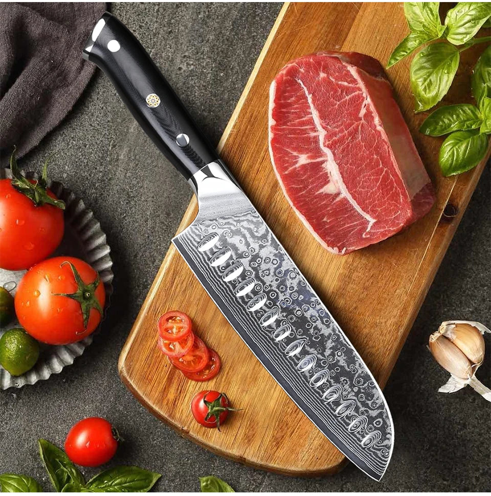 TURWHO 7" Japanese Style Santoku Knife Damascus Steel Professional Chef Knife Slicing Meat Cleaver Beef Kitchen Cooking Tools
