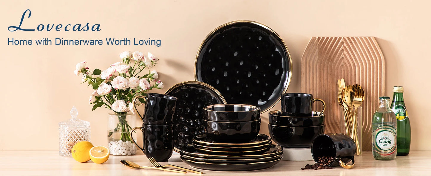 LOVECASA 16/32 Piece Black Porcelain Dinnerware Set