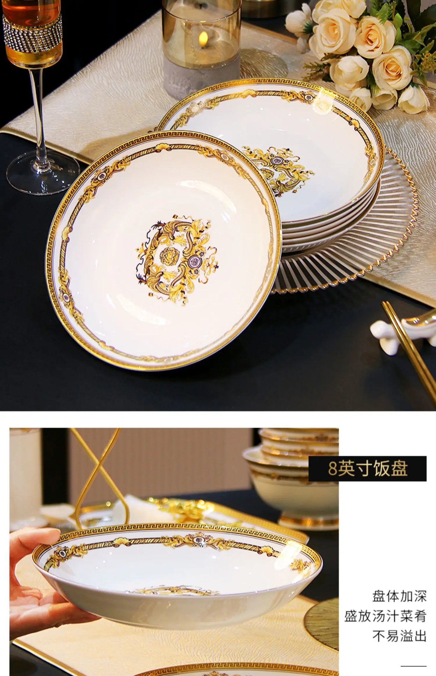 Gold Bone China Dinnerware Sets Ceramics Kitchen Gift Luxury Christmas Dinner Sets Wedding Party Vajillas Ceramica Dishes